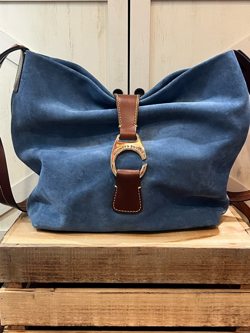 Dooney & Bourke Blue Suede Slouchy Hobo Shoulder Bag Leather Accents - Picture 2 of 13